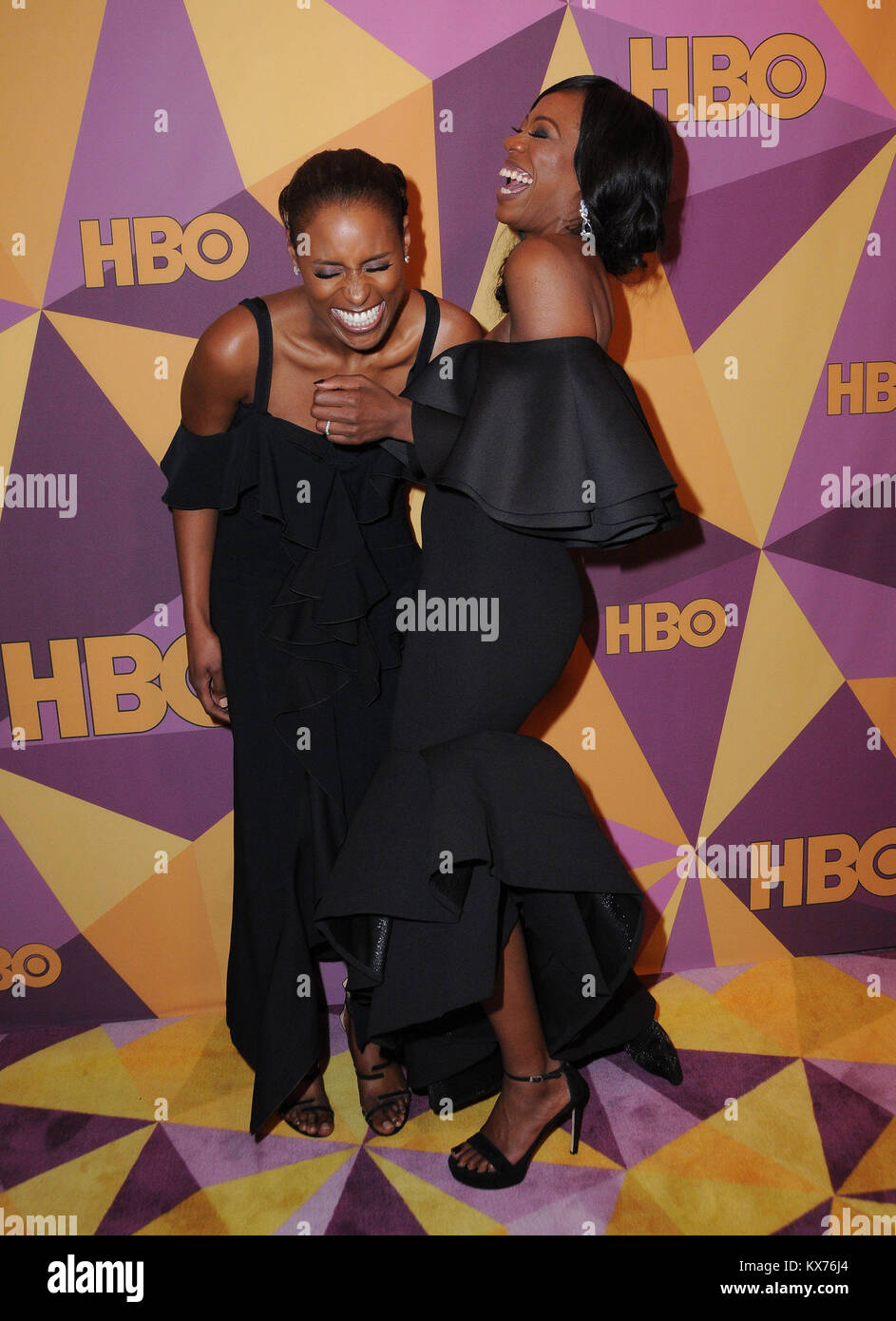 January 7, 2018 - Beverly Hills, CA, U.S. - 07 January 2018 - Beverly Hills, California - Issa Rae, Yvonne Orji. 2018 HBO Golden Globes After Party held at The Beverly Hilton Hotel in Beverly Hills. Photo Credit: Birdie Thompson/AdMedia (Credit Image: © Birdie Thompson/AdMedia via ZUMA Wire) Stock Photo
