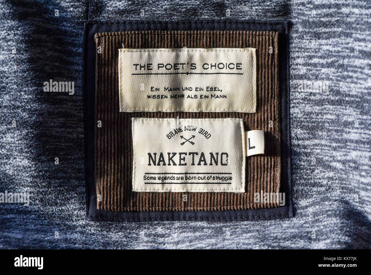 Berlin, Germany. 07th Jan, 2018. The logo of German fashion label Naketano  from Essen seen on a sweatshirt in Berlin, Germany, 07 January 2018. The  other label reads 'The Poets choice' with