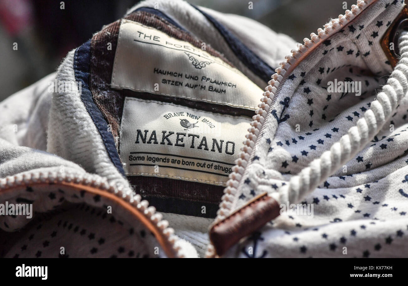Berlin, Germany. 07th Jan, 2018. The logo of German fashion label Naketano  from Essen seen on a sweatshirt in Berlin, Germany, 07 January 2018. The  other label reads 'The Poets choice' with