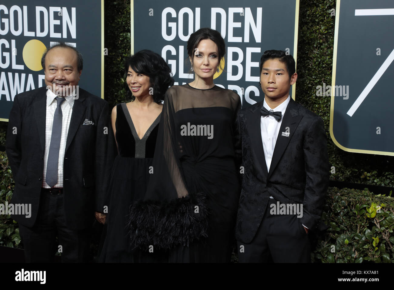 Beverly Hills, California, USA. 7th Jan, 2018. Filmmaker Rithy Panh, activist Loung Ung, actor director Angelina Jolie and Pax Thien Jolie-Pitt arrives for the 75th Annual Golden Globe Awards at Beverly Hilton Hotel in Beverly Hills, California on January 7, 2018. Credit: Mpi2006/Media Punch/Alamy Live News Stock Photo
