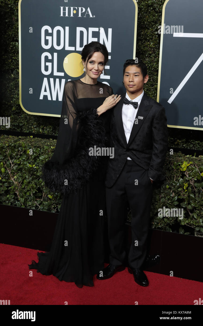 Beverly Hills, California, USA. 7th Jan, 2018. Actor/director Angelina Jolie (L) and Pax Thien Jolie-Pitt arrives for the 75th Annual Golden Globe Awards at Beverly Hilton Hotel in Beverly Hills, California on January 7, 2018. Credit: Mpi2006/Media Punch/Alamy Live News Stock Photo