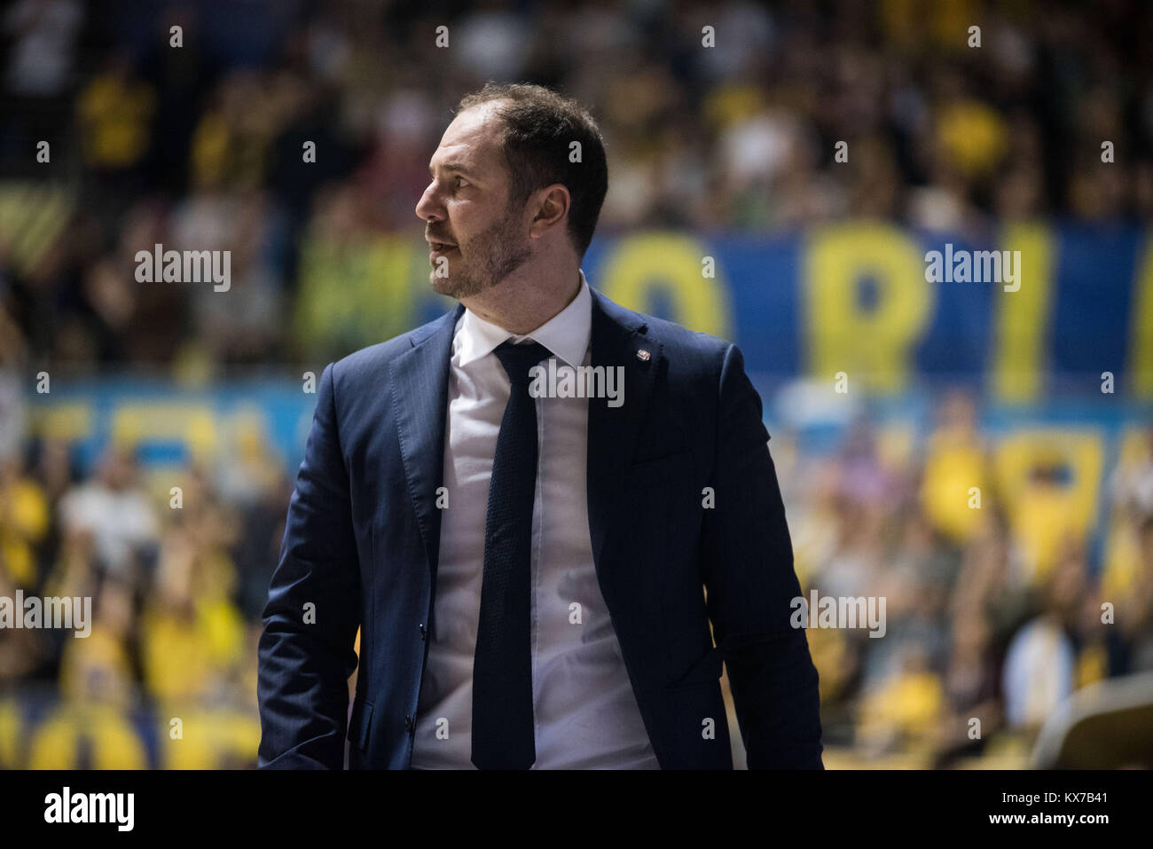 Turin, Italy. 07th Jan, 2018. Andrea Diana during the Serie A Basketball Match Fiat Torino Auxilium vs Basket Brecia Leonessa. Fiat Torino Auxilum won 95-86 in Turin, Pala Ruffini, Italy 7th January 2017. Credit: Alberto Gandolfo/Alamy Live News Stock Photo