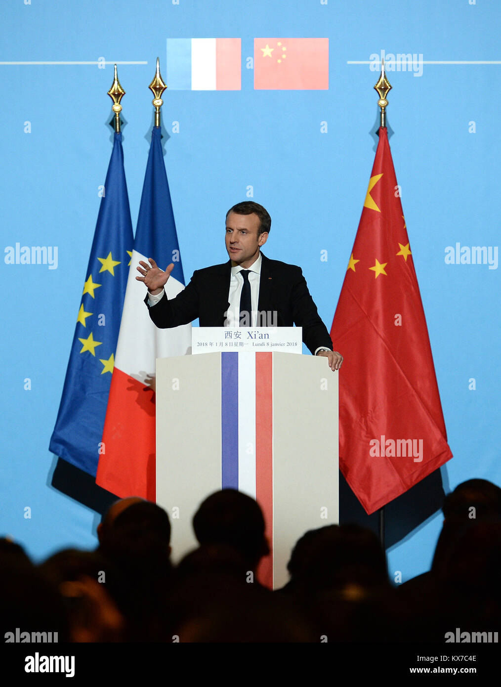 Xi'an, China's Shaanxi Province. 8th Jan, 2018. French President Emmanuel Macron delivers a speech at the Daming Palace National Heritage Park in Xi'an, capital of northwest China's Shaanxi Province, Jan. 8, 2018. Xi'an is the first stop of Macron's 3-day state visit to China, as invited by Chinese President Xi Jinping. Credit: Liu Xiao/Xinhua/Alamy Live News Stock Photo