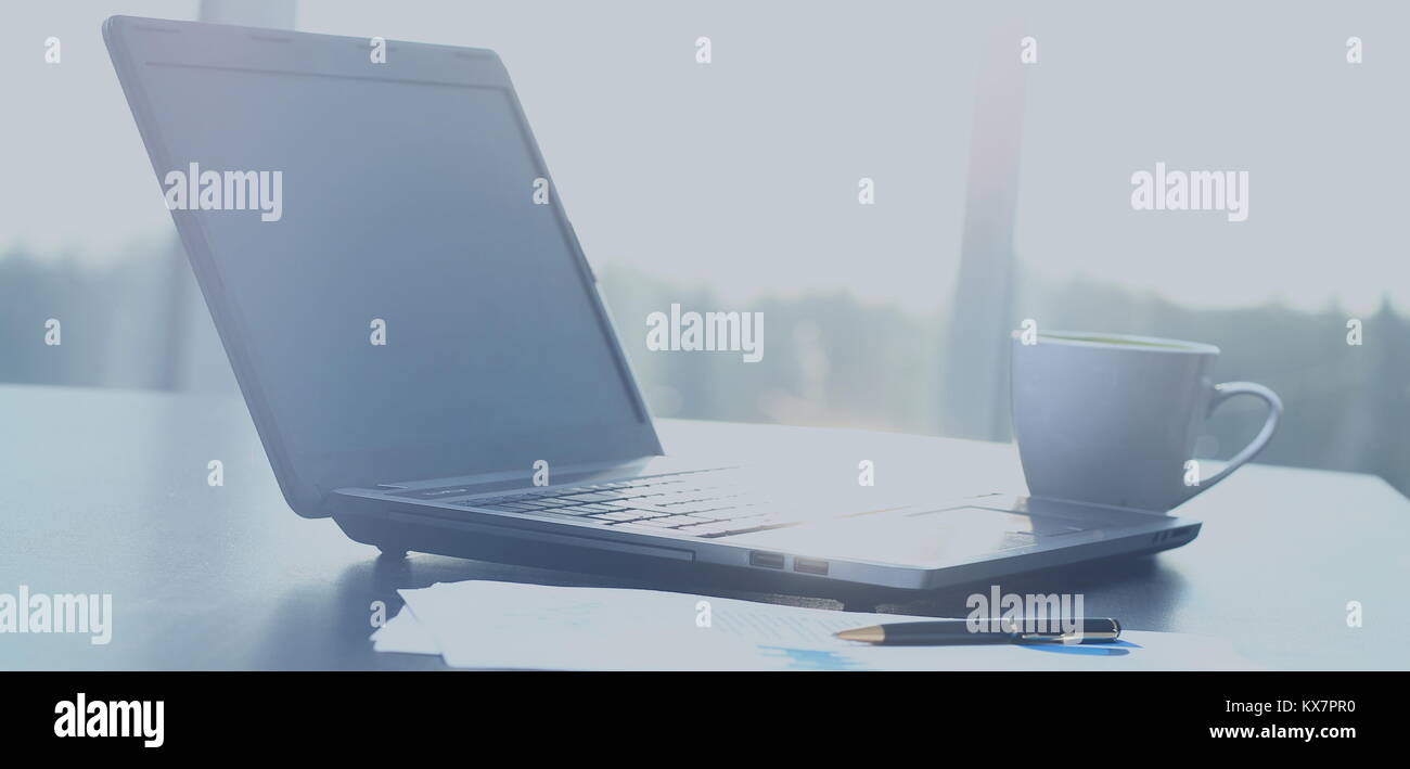 laptop in the workplace in the early morning Stock Photo - Alamy