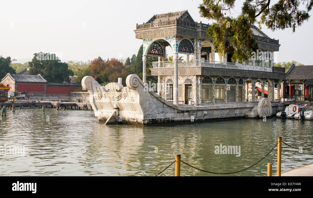 The Marble Boat on Kunming Lake - Summer Palace, Beijing, China, PRC. It is also known as Boat of Purity and Ease or Clear and Peaceful Boat. Stock Photo