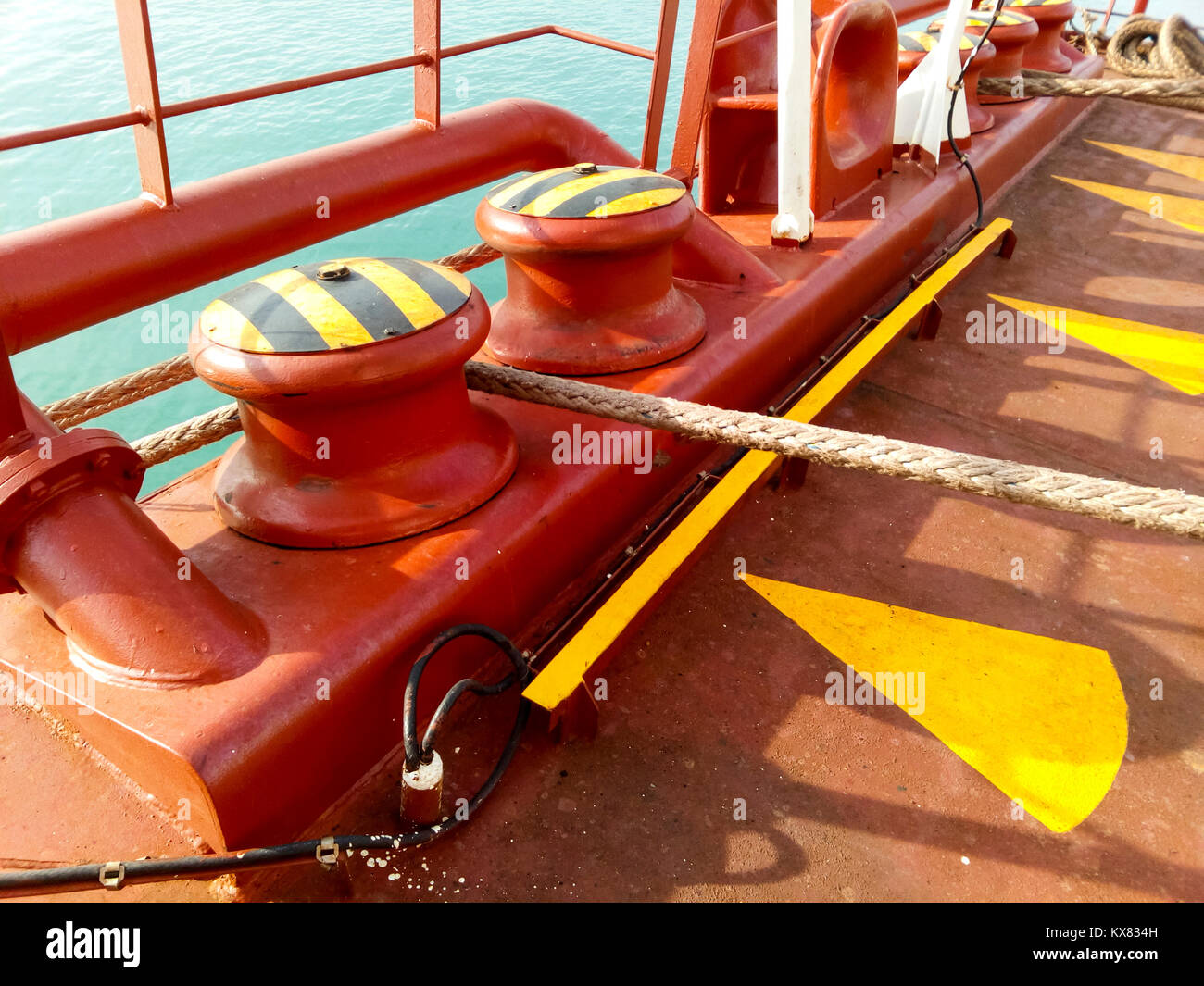 Mooring bollard on the decks of an industrial seaport Stock Photo