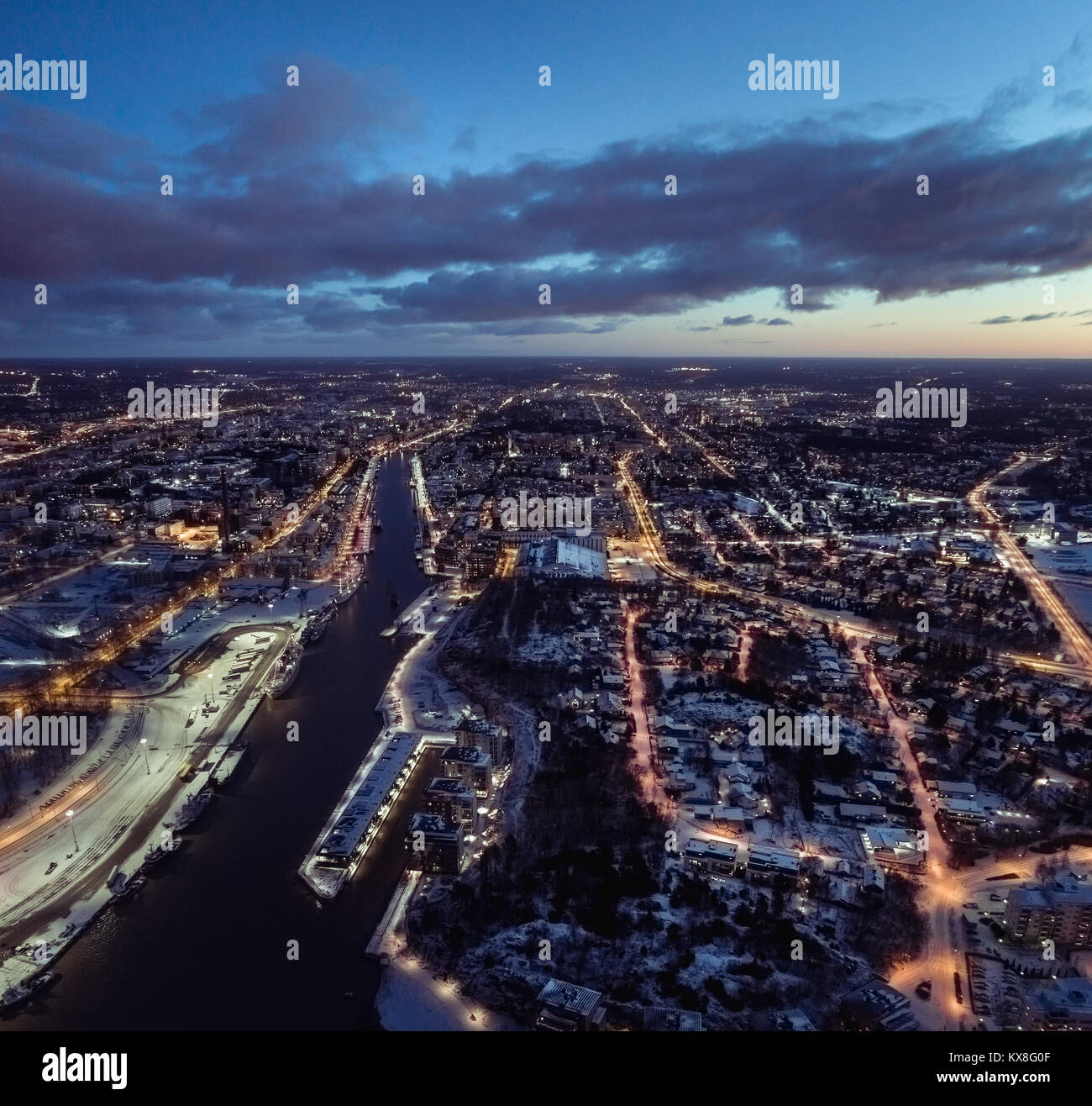 Aerial view of the  town of Turku at morning illuminated by street lights Stock Photo