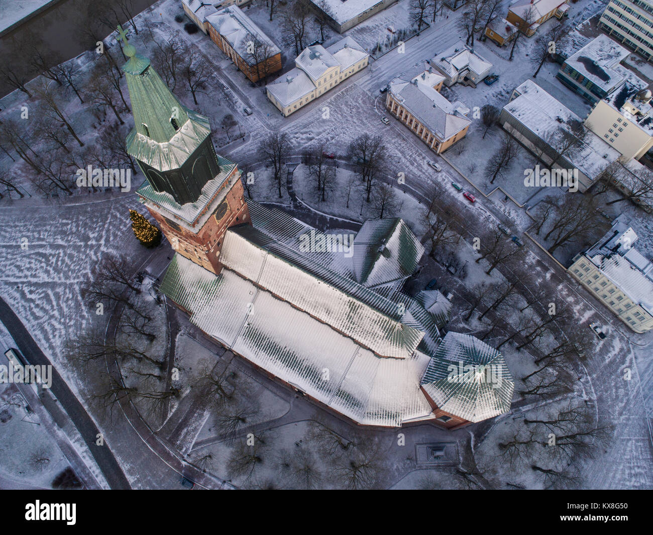High angle aerial view of Cathedral of Turku at winter morning Stock Photo