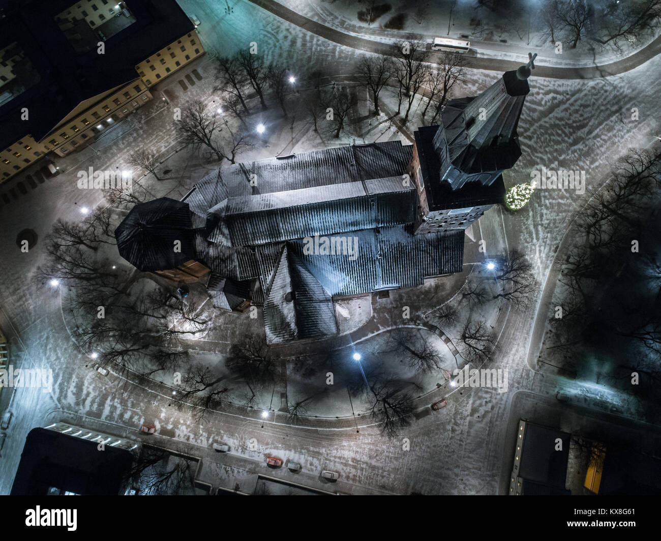 High angle aerial view of Cathedral of Turku at winter night Stock Photo