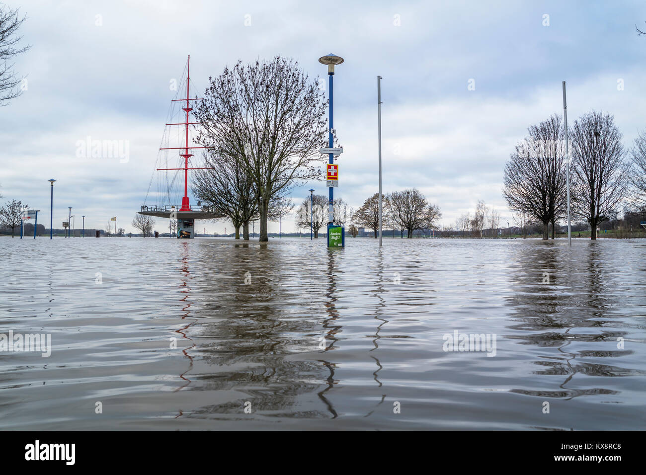 DUISBURG / GERMANY JANUARY 08 2017 The river Rhine is flooding the