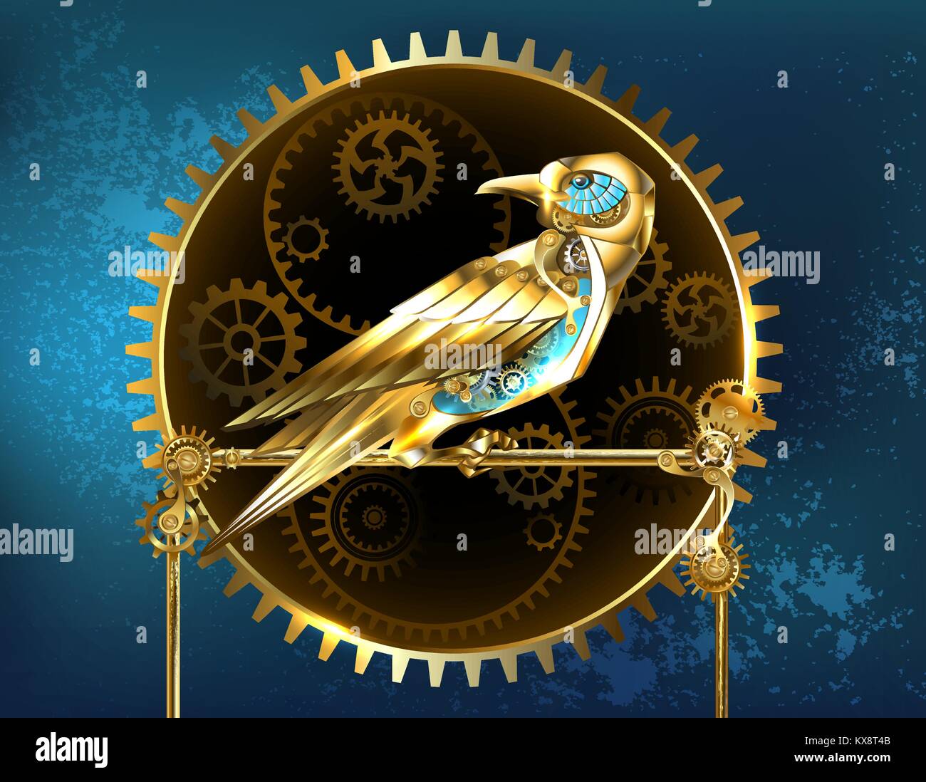 Mechanical, golden bird with brass gears on a turquoise background. Steampunk style. Stock Vector