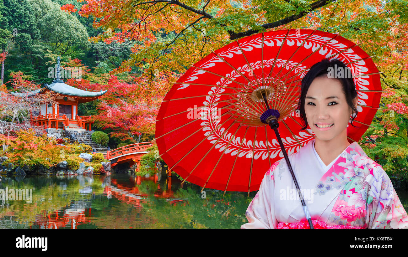 Young Japanese Woman at Daigoji Temple in Kyoto Stock Photo