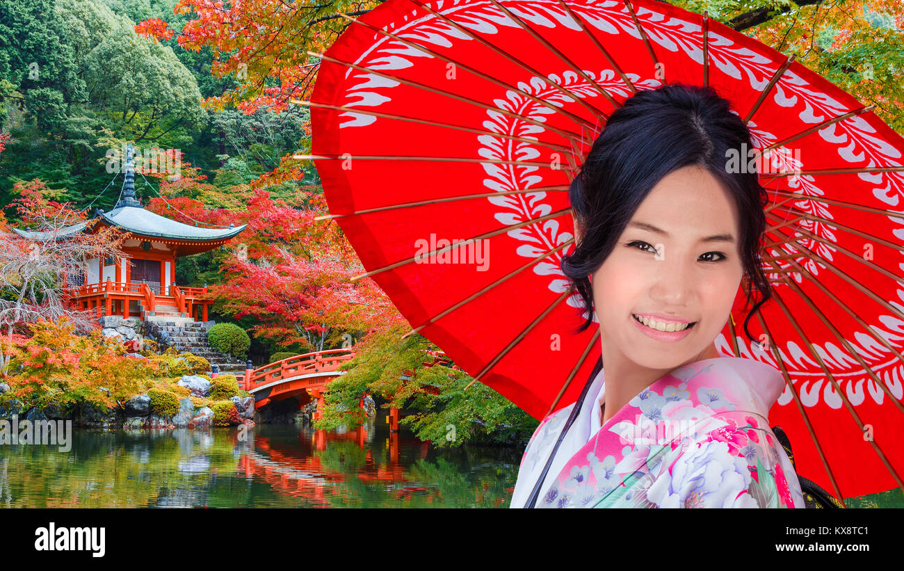 Young Japanese Woman at Daigoji Temple in Kyoto Stock Photo
