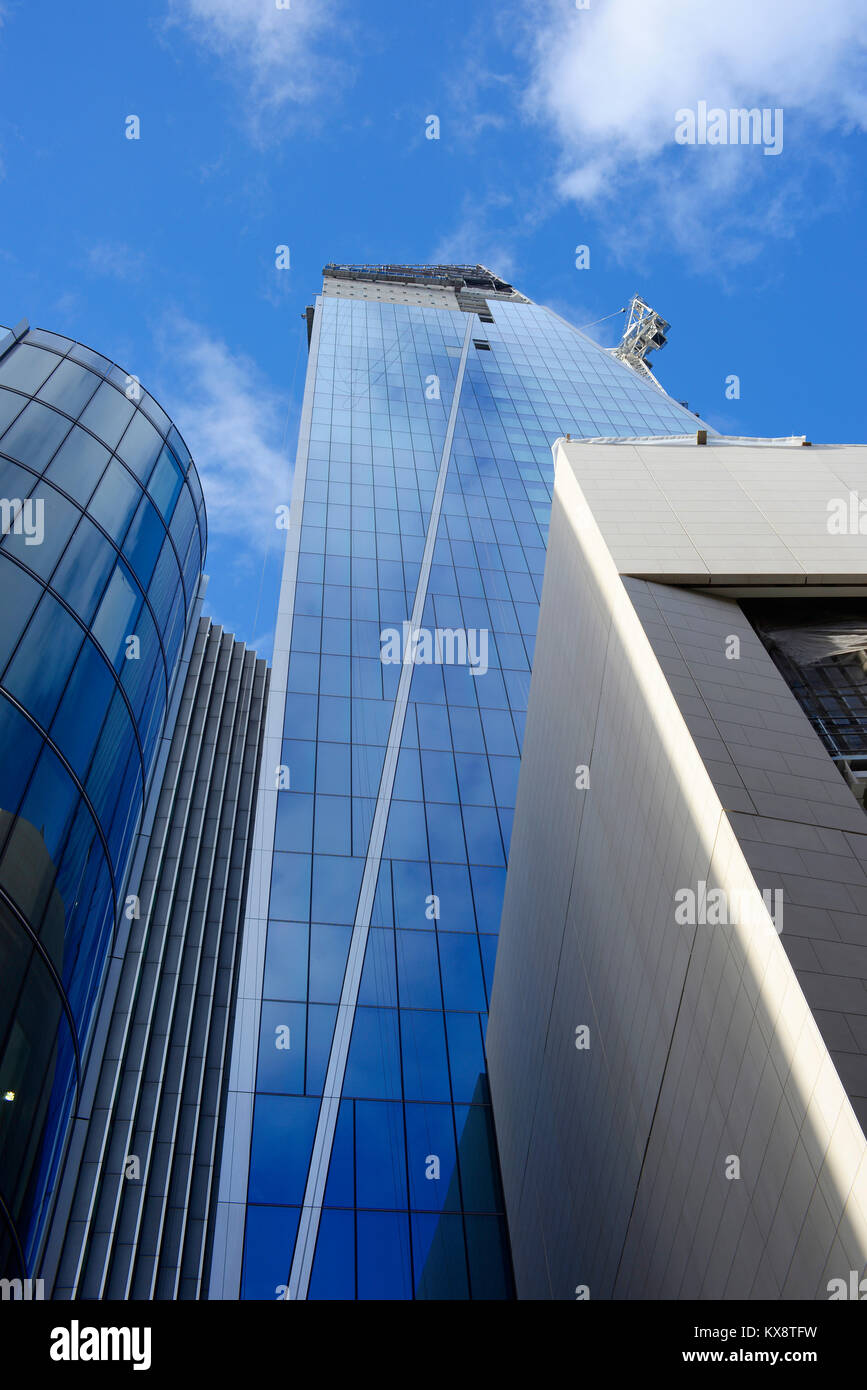 The Scalpel under construction in Lime Street, London, UK with tower cranes attached to its sides. Development by SKANSKA Stock Photo