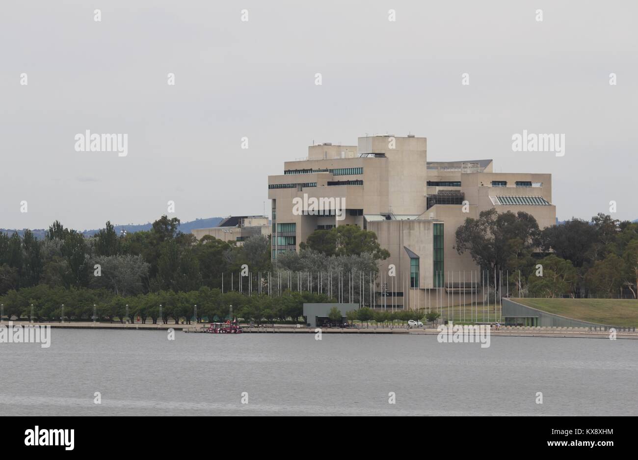 National Gallery of Australia viewed from Regatta Point, across Lake Burley Griffin, on an overcast day. Stock Photo