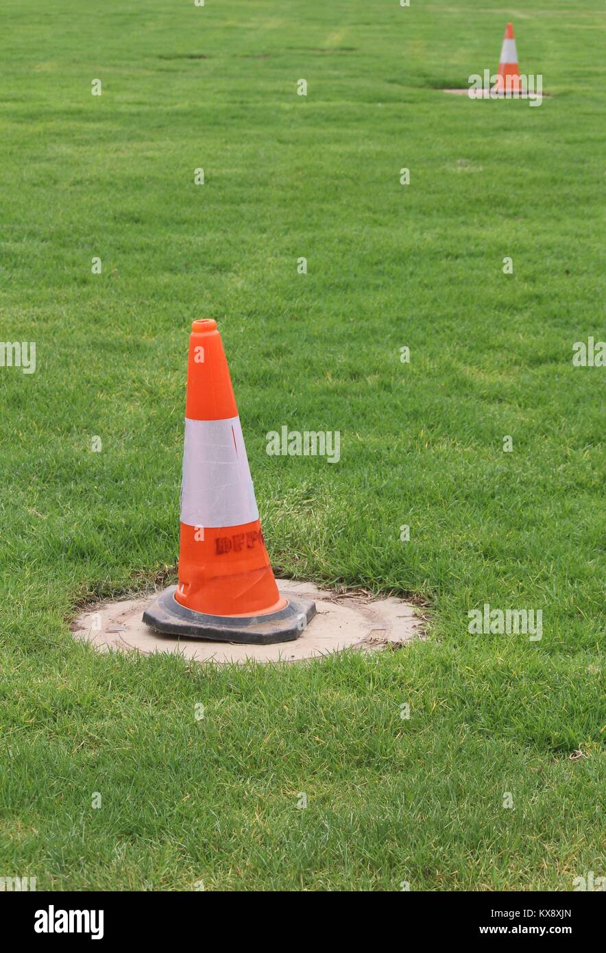 Traffic cone in grassy field Stock Photo