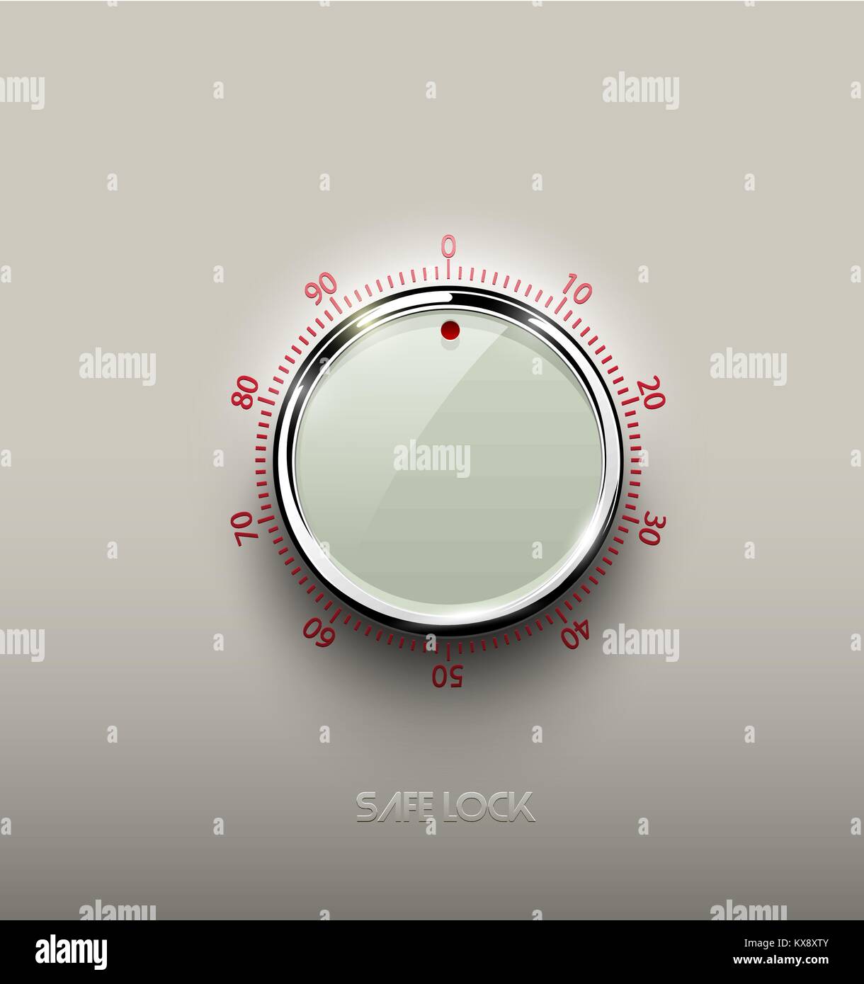 Realistic glass white combination safe lock volume element with chrome metal ring on textured plastic light background. Red glossy round scale. Vector Stock Vector