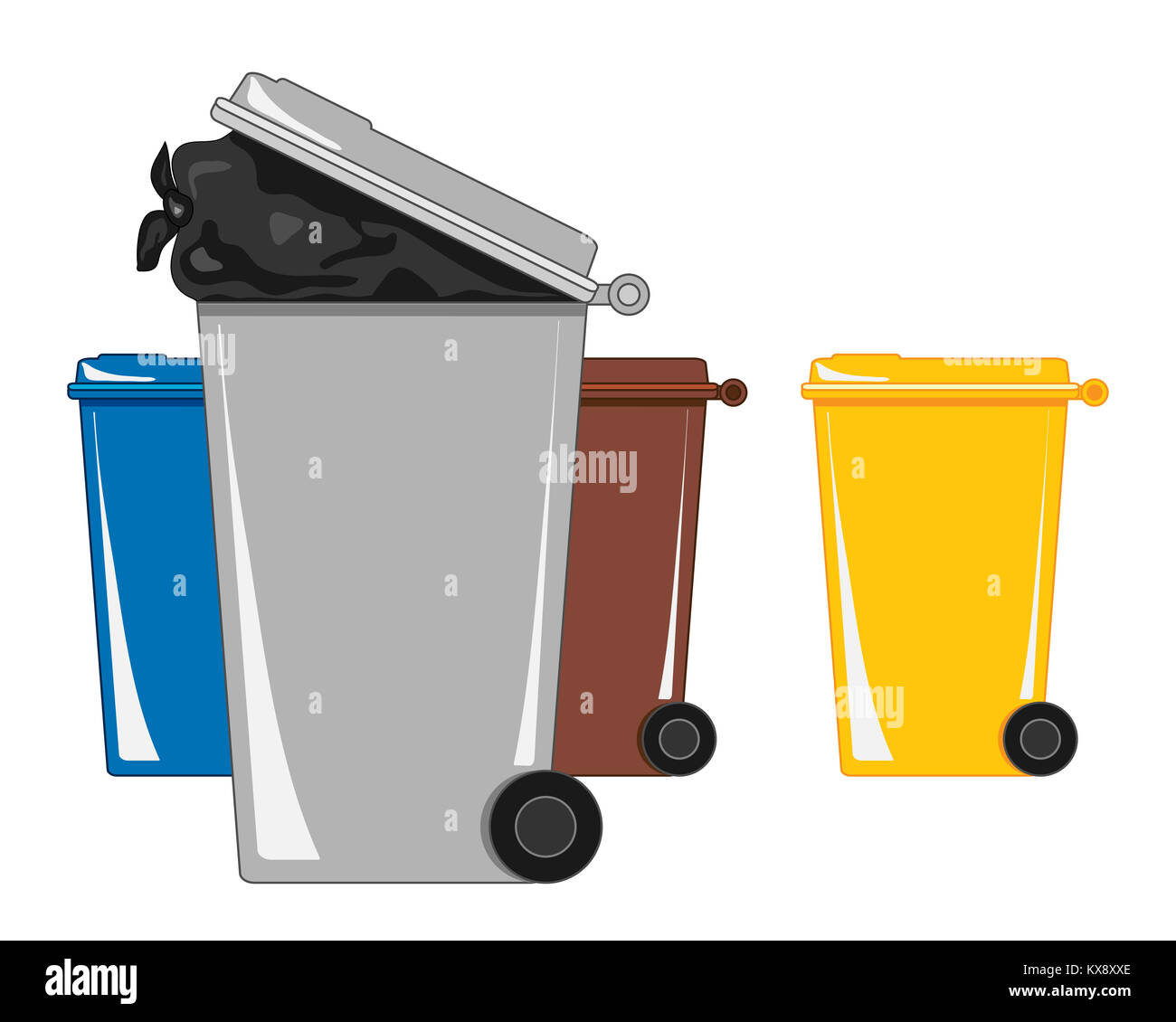 an illustration of refuse and recycling bins with black binbag on a white background Stock Photo