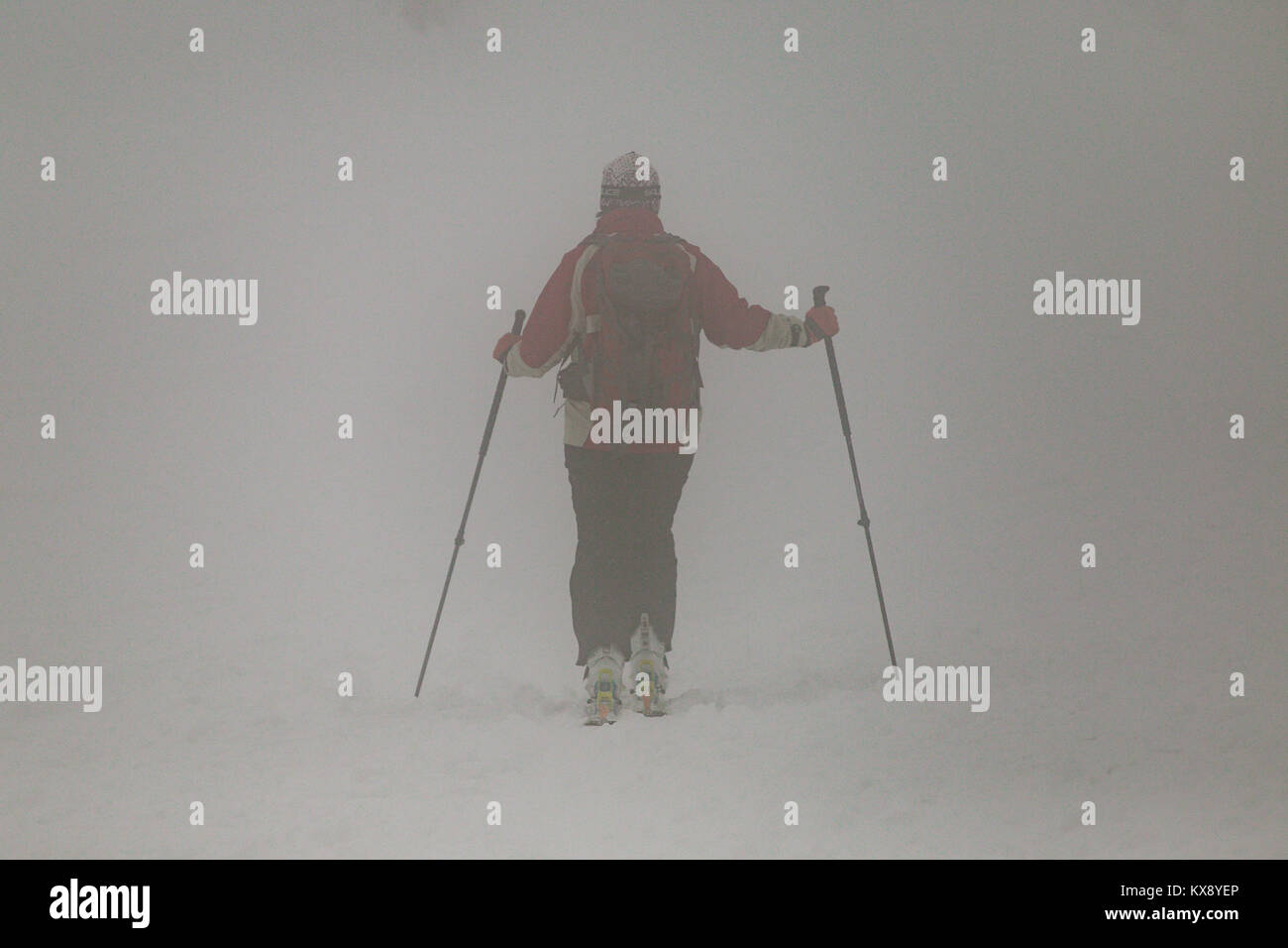 Hiker with trekking poles arriving at covered in snow and mist summit of Skrzyczne mountain in Szczyrk heading for the hiking trails Stock Photo