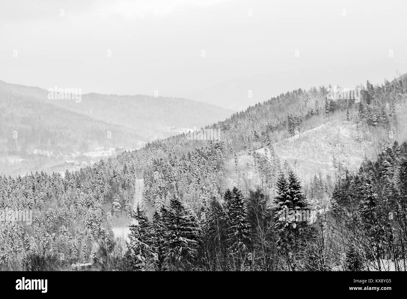 Landscape view on a Beskid mountains in Szczyrk covered in white snow Stock Photo