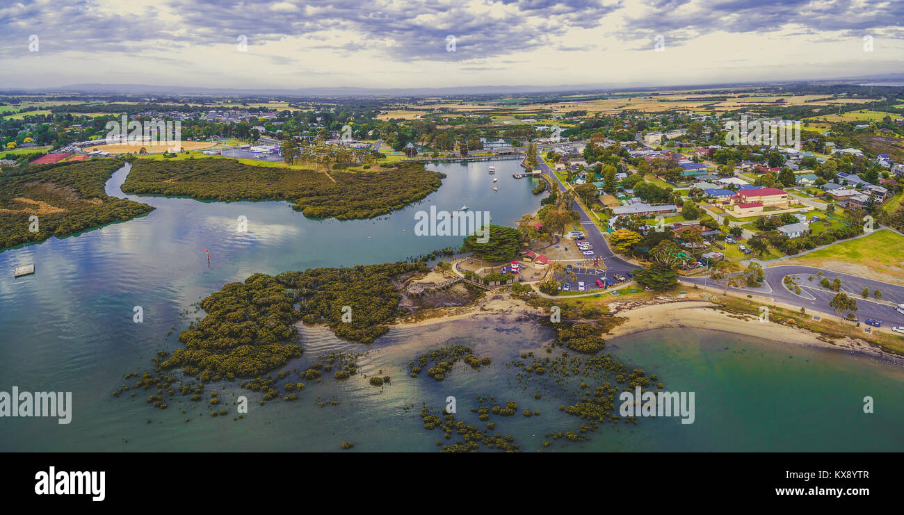 Aerial panorama of Tooradin small coastal town in Victoria, Australia