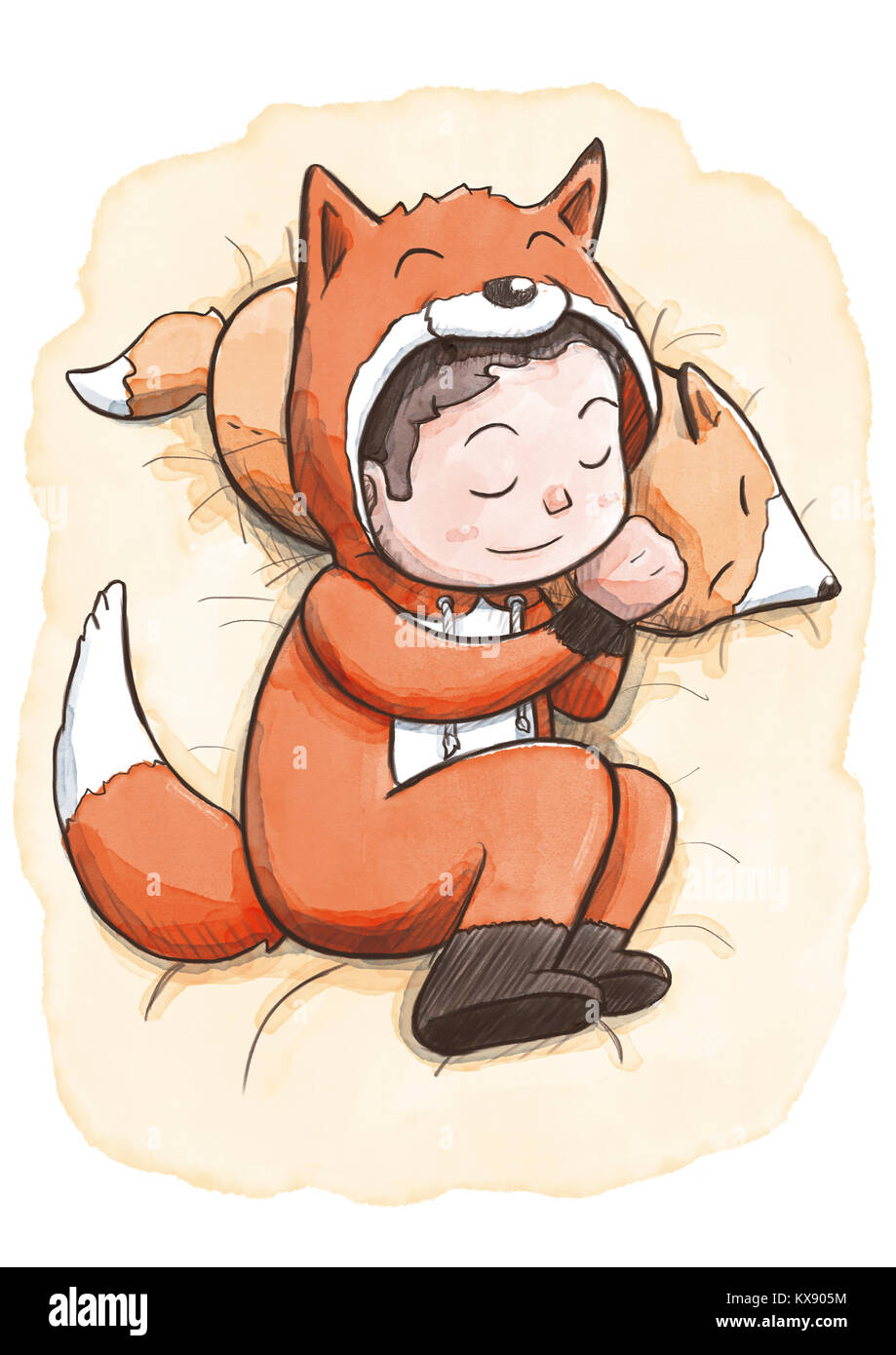 Baby boy sleeping comfortably and wearing a fox pajamas Stock Photo