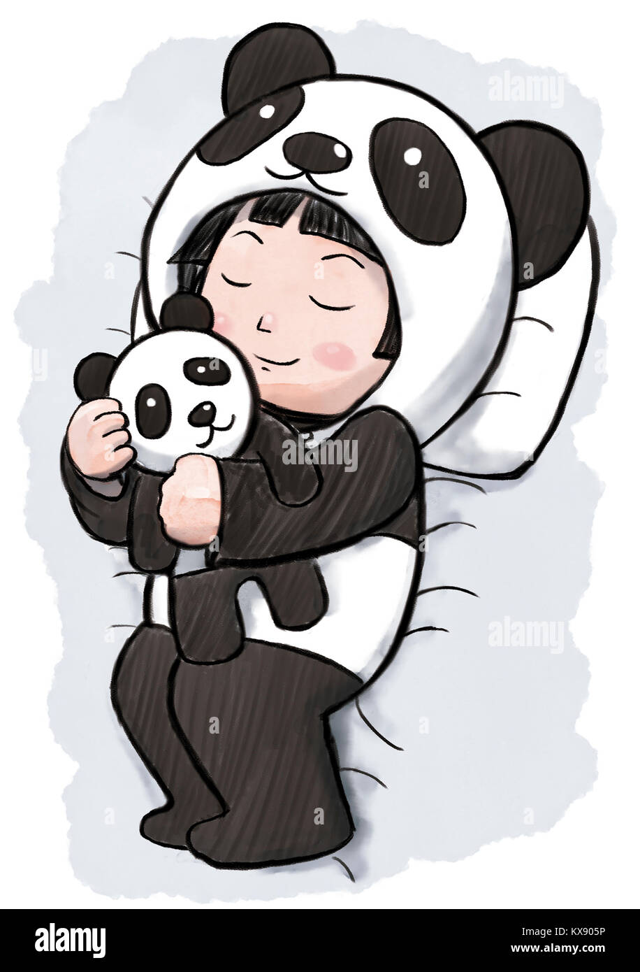 Baby girl sleeping wearing panda pajamas and hugging her panda doll Stock Photo