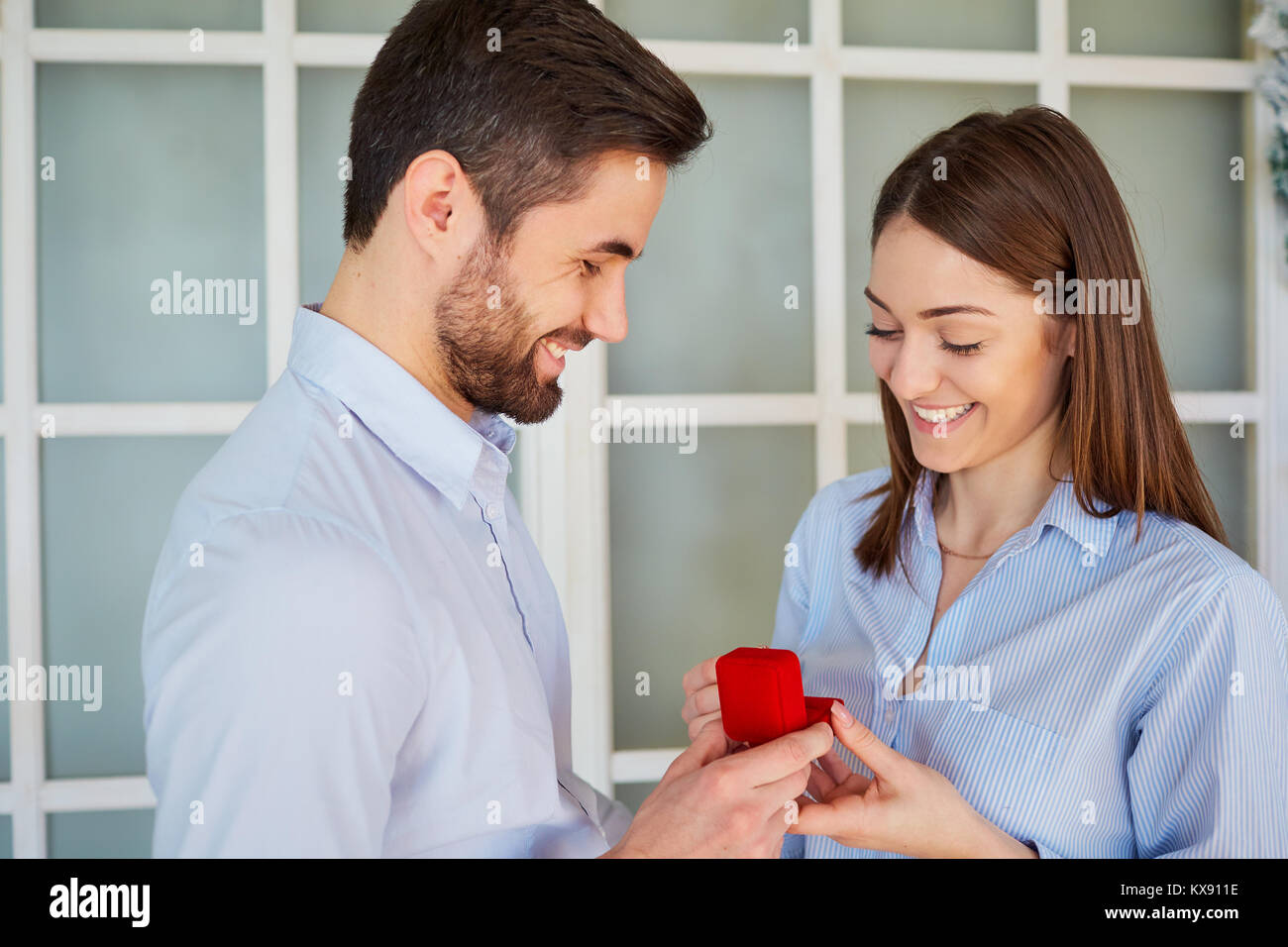 Proposal man asking marry to his girlfriend. Stock Photo