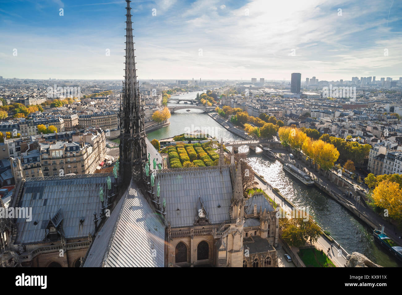 Paris cityscape aerial, view high over the roof of Notre Dame Cathedral looking towards the east of Paris on an autumn morning, France. Stock Photo