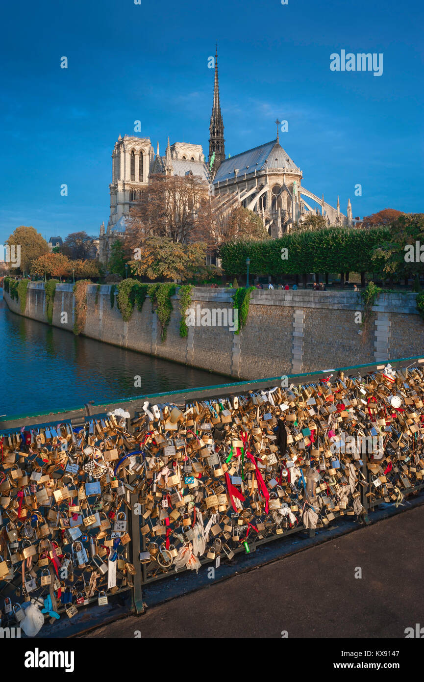 Paris Seine River, view from the Pont de l'Archeveche of Notre Dame Cathedral at sunrise, central Paris, France. Stock Photo