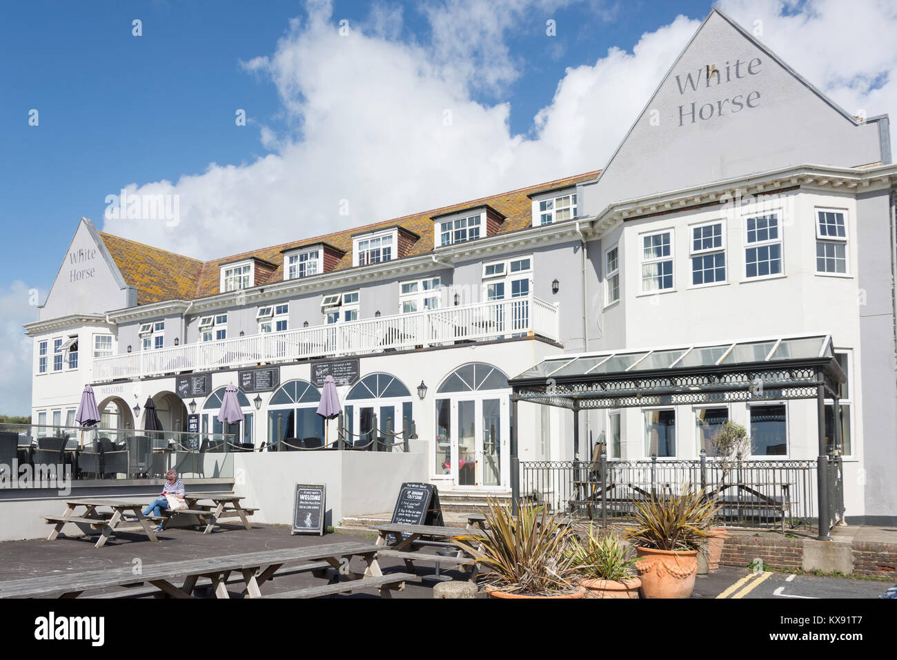 Outdoor terrace at The White Horse Pub, Marine Drive, Rottingdean, East Sussex, England, United Kingdom Stock Photo