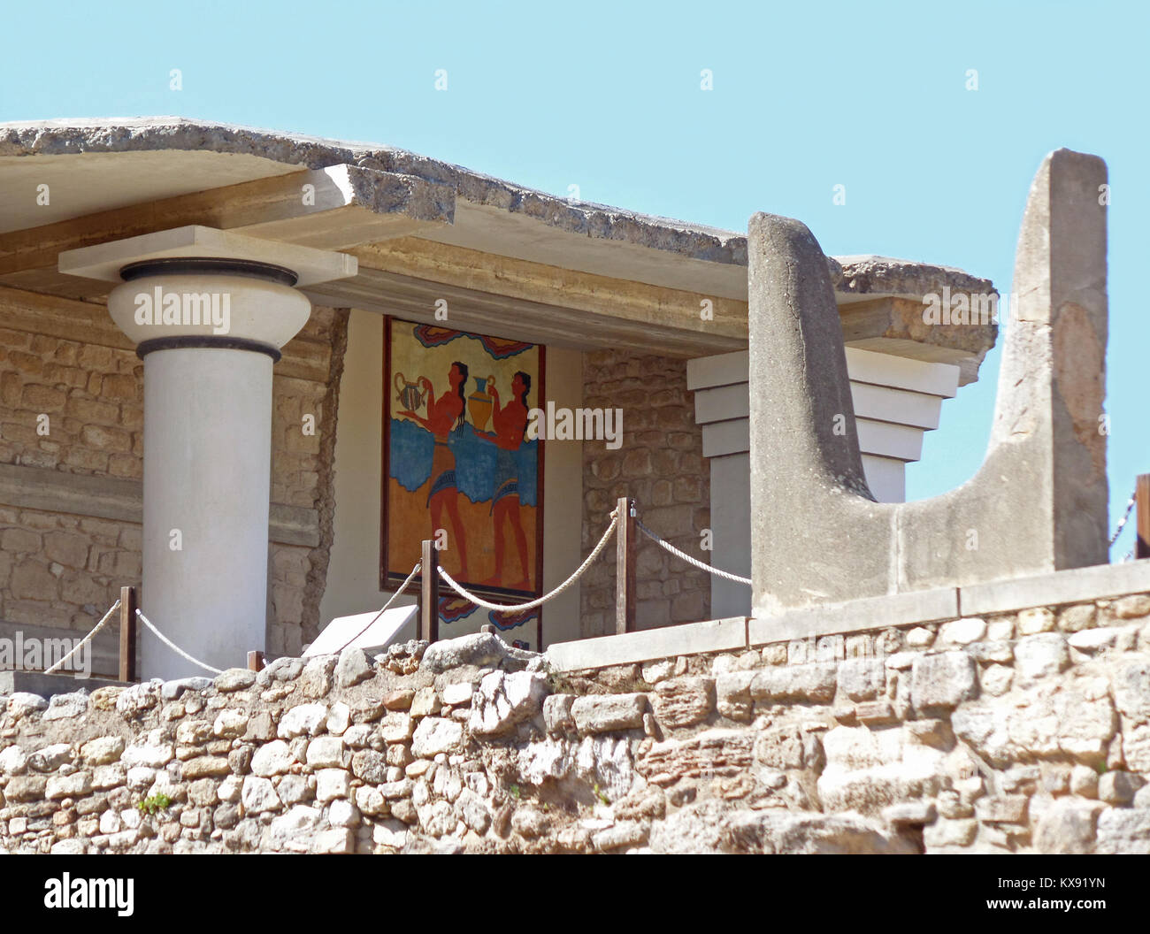 The Sacred Horn at the South Propylaeum with Cup-Bearer Fresco, Palace of Knossos on Crete Island, Greece Stock Photo