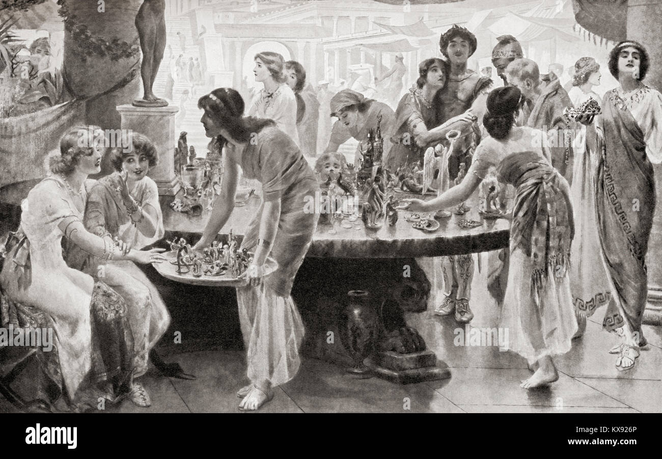 A market scene in ancient Pompeii , Italy, before its destruction in the eruption of Mount Vesuvius in 79 AD.  From Hutchinson's History of the Nations, published 1915. Stock Photo