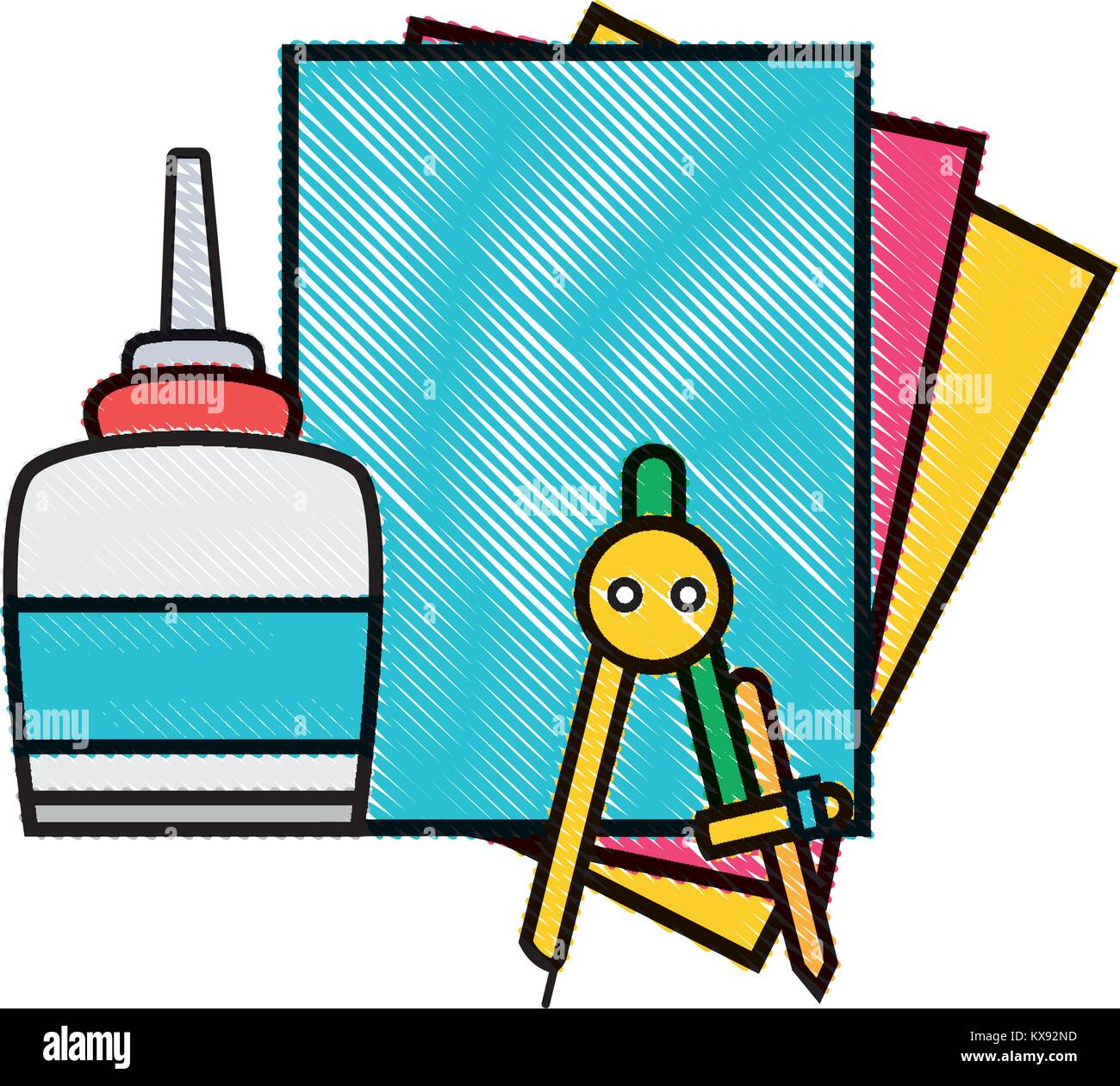 grated glue with cardboard and compass school object Stock Vector Image