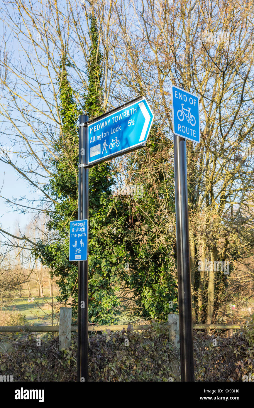 Footpath signs, end of cycle route signs on the Medway valley walk near