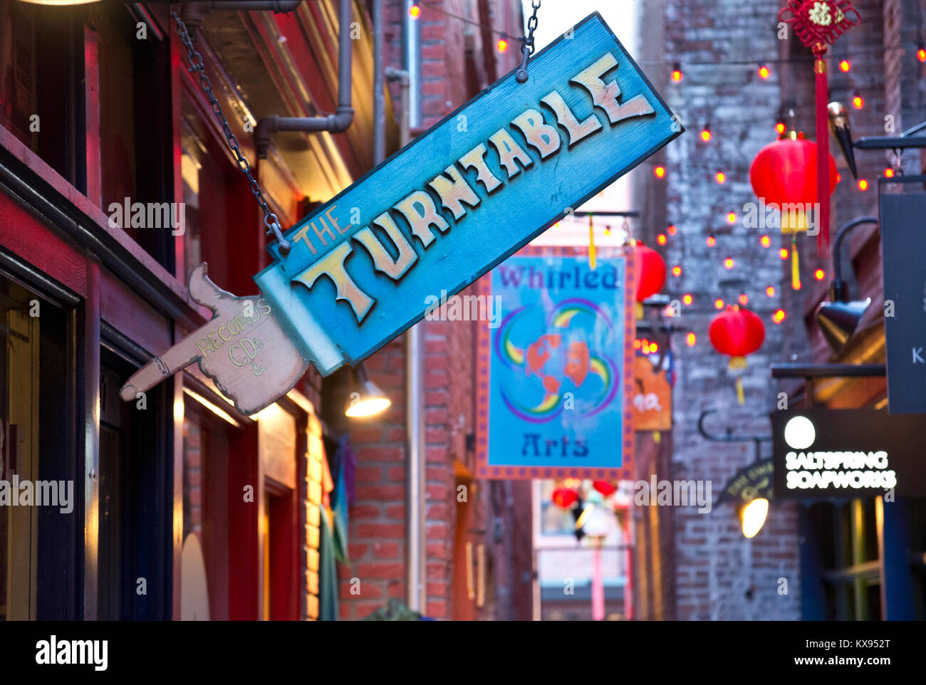 Hanging sign for Turtable Records store in Victoria, BC, Canada.  In Fan Tan Alley in Chinatown. Vinyl records shop in Victoria, British Columbia. Stock Photo
