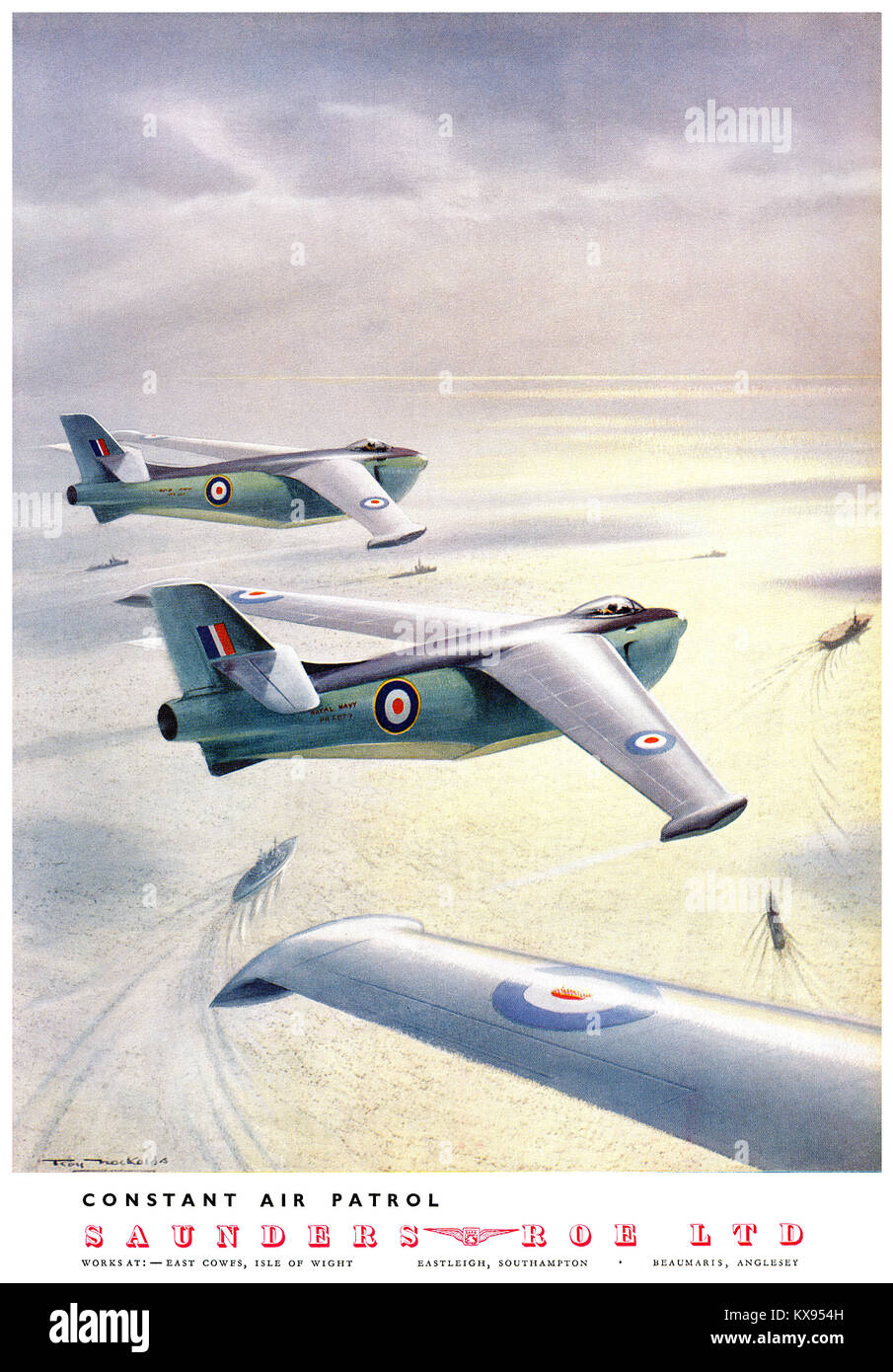 1951 British advertisement for Saunders Roe, featuring the SR/A1, the first jet-powered flying boat. Stock Photo