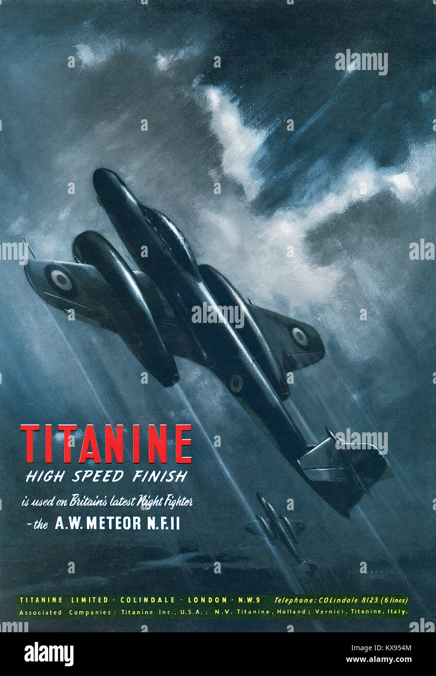 1951 British advertisement for Titanine Limited, makers of aviation coatings (aircraft dope), featuring the Gloster Meteor NF 11 jet night fighter aircraft. Stock Photo