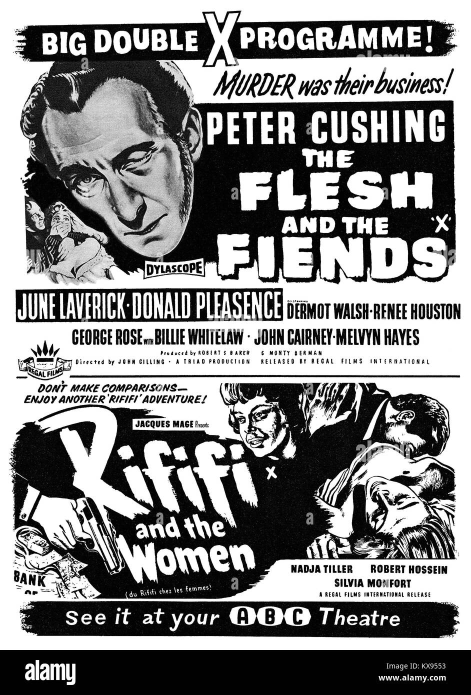 1960 British advertisement for an x-rated movie double bill, featuring Peter Cushing in The Flesh And The Fiends and the French film Rififi And The Women (also called Riff Raff Girls and Du Rififi Chez Les Femmes). Stock Photo