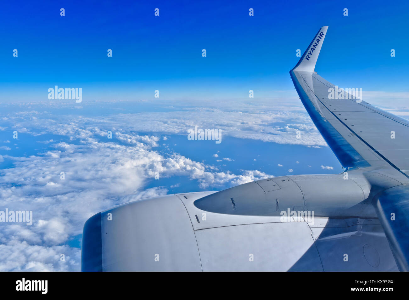 Window view from a Ryanair Boeing 737 at high altitude Stock Photo - Alamy