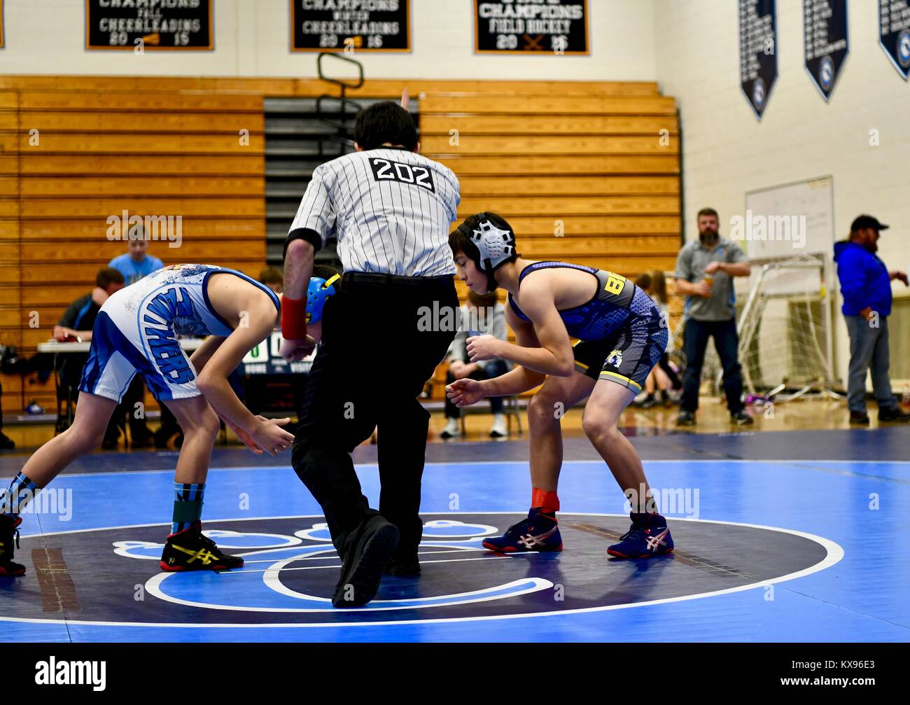 Youth collegiate style wrestling match Stock Photo Alamy