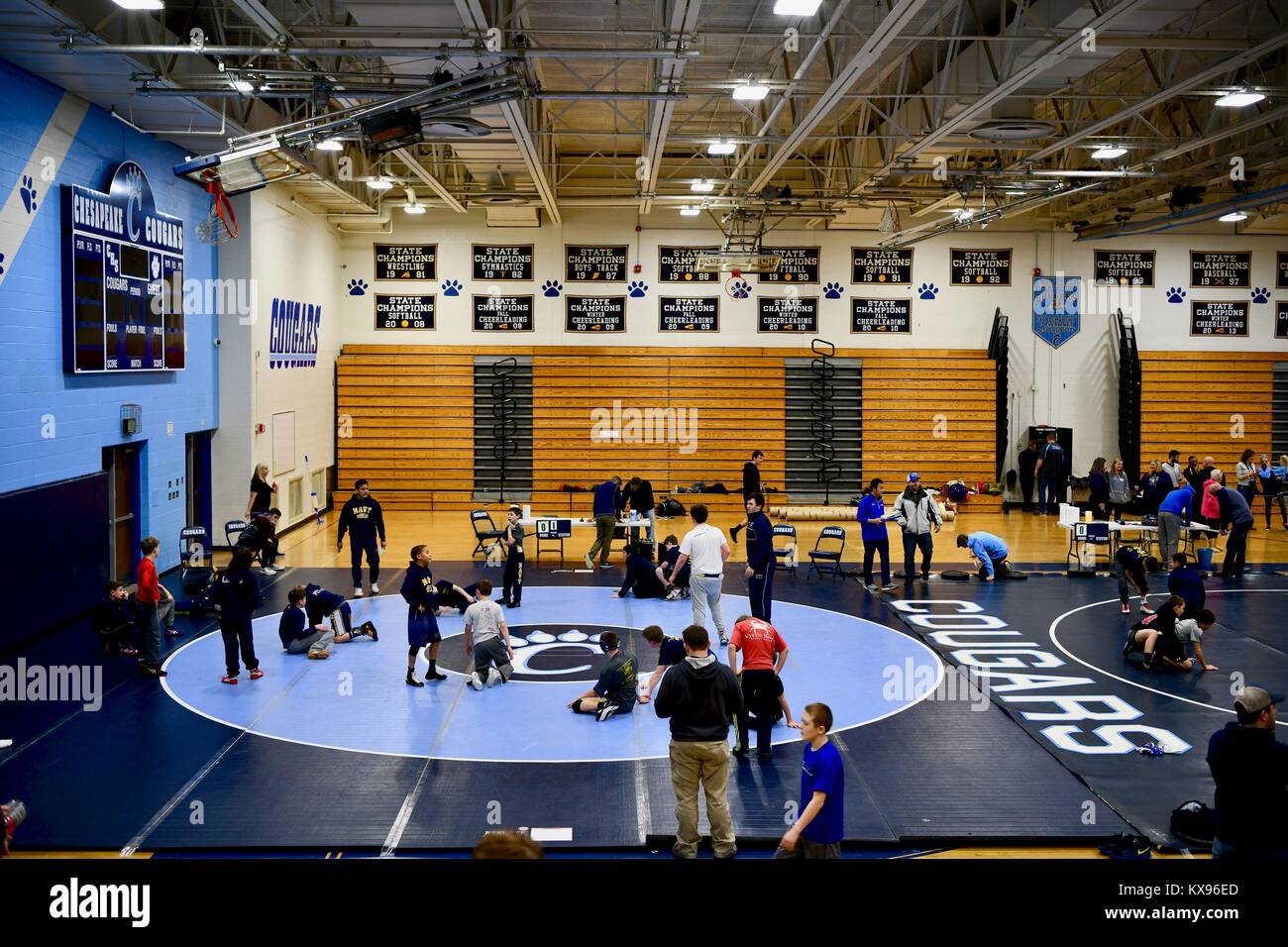 High school gym during wrestling meet Stock Photo Alamy