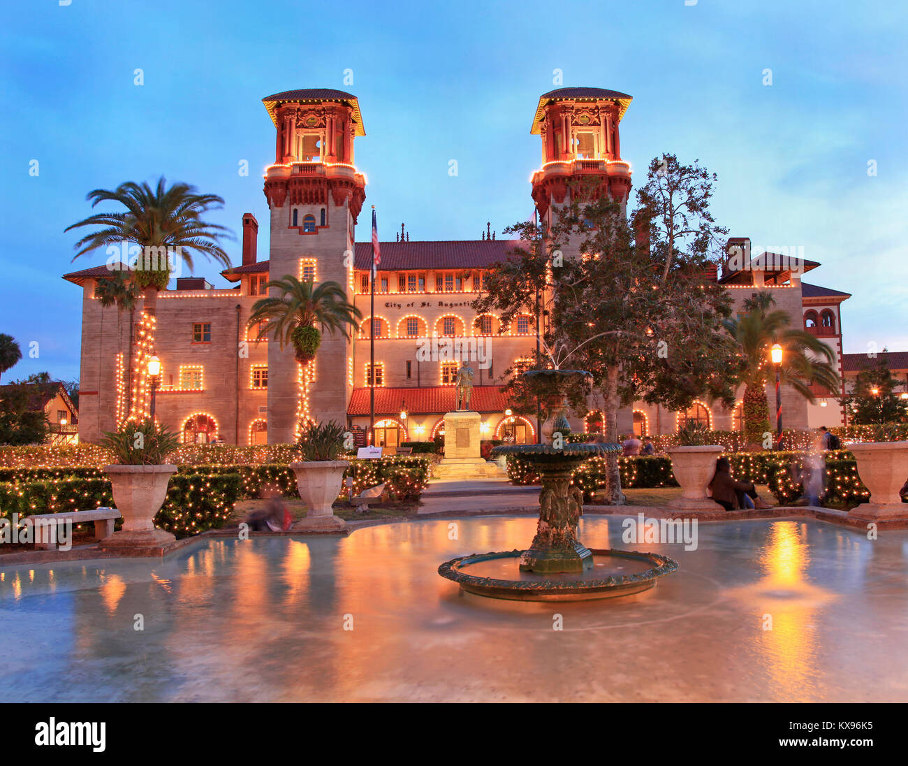 : Lightner Museum and Town Square (Alcazar Square) in St Augustine illuminated at dusk, Christmas time Stock Photo