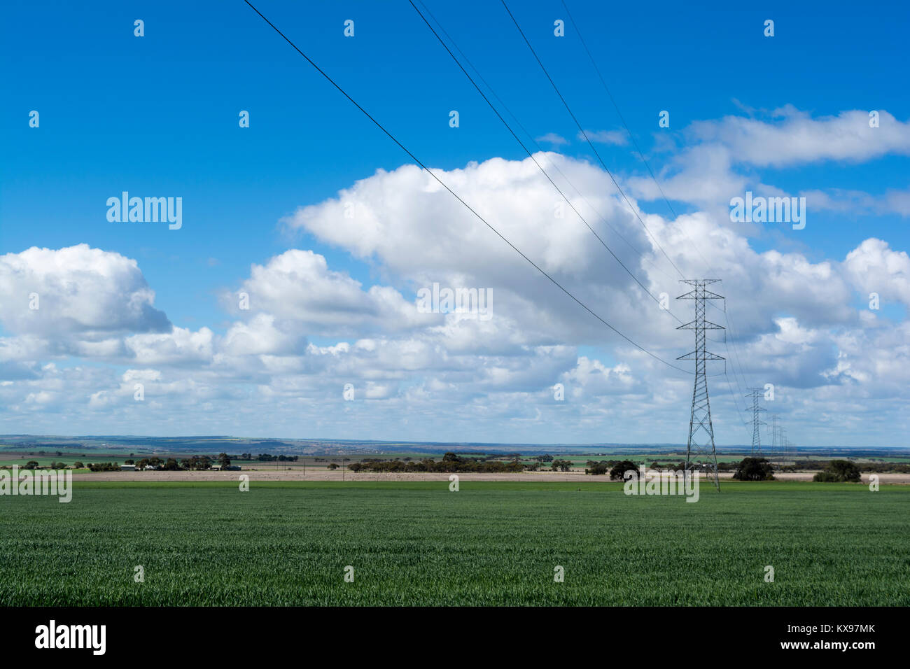 Electrical power lines and towers crossing rural South Australia, near