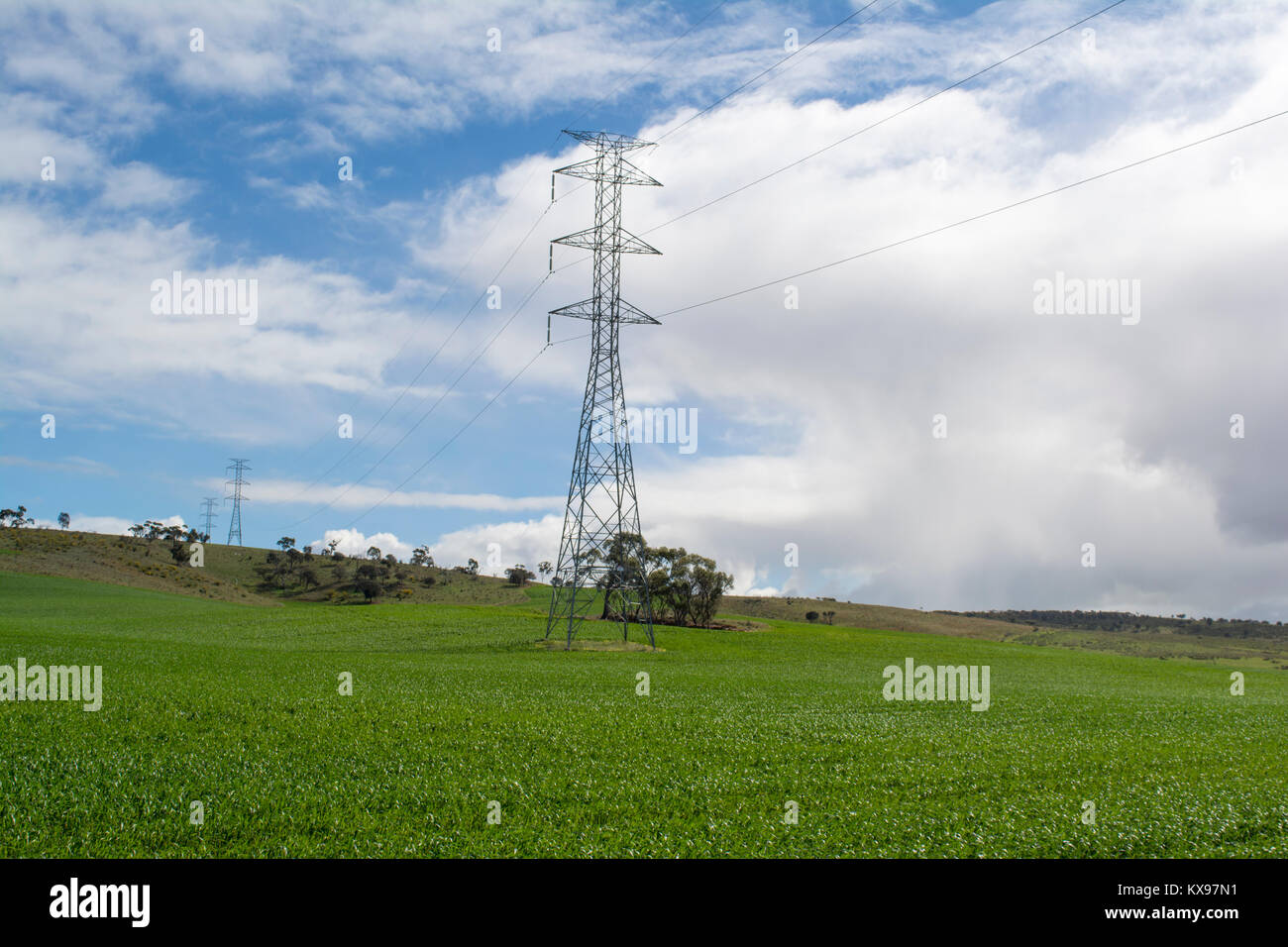 Electrical power lines and towers crossing rural South Australia, near