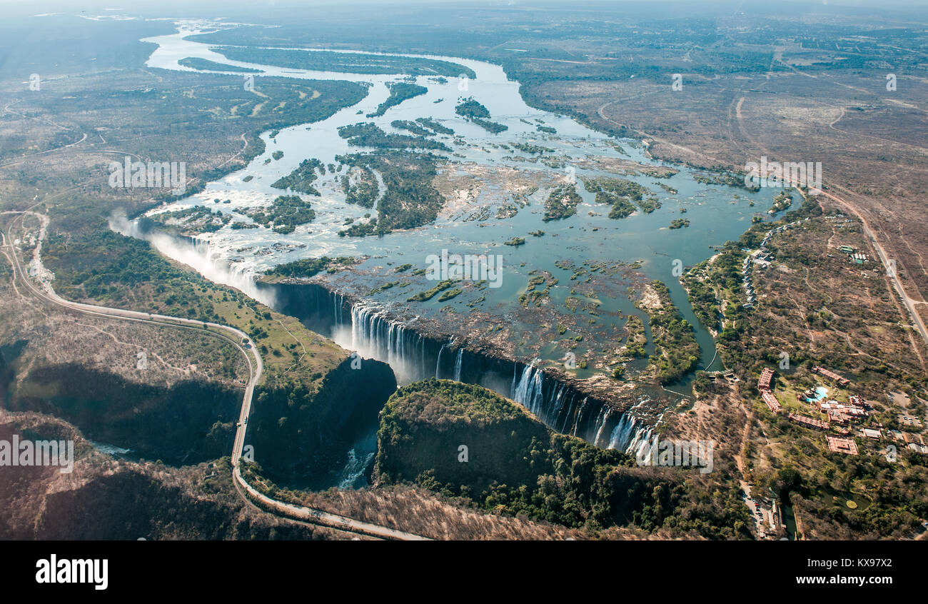 Victoria falls on helicopter. Aerial view of Victoria Falls on Zambezi River, border of Zambia and Zimbabwe. Africa Stock Photo