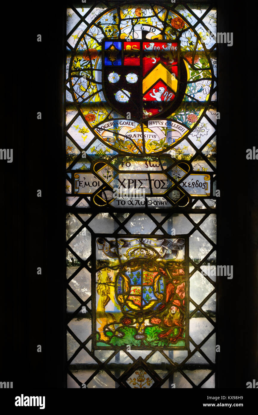 Seventeenth century stained glass window in the Founder's chapel at
