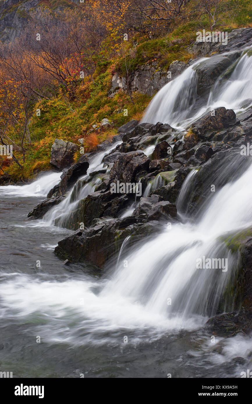 Waterfall near Sorvagen, Moskenesoya, Lofoten, Nordland, Norway Stock Photo