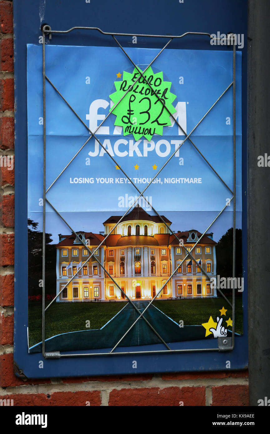 Local newsagents Lottery poster on display advertising the Euro Millions Lottery. Chichester, West Sussex, UK. Stock Photo