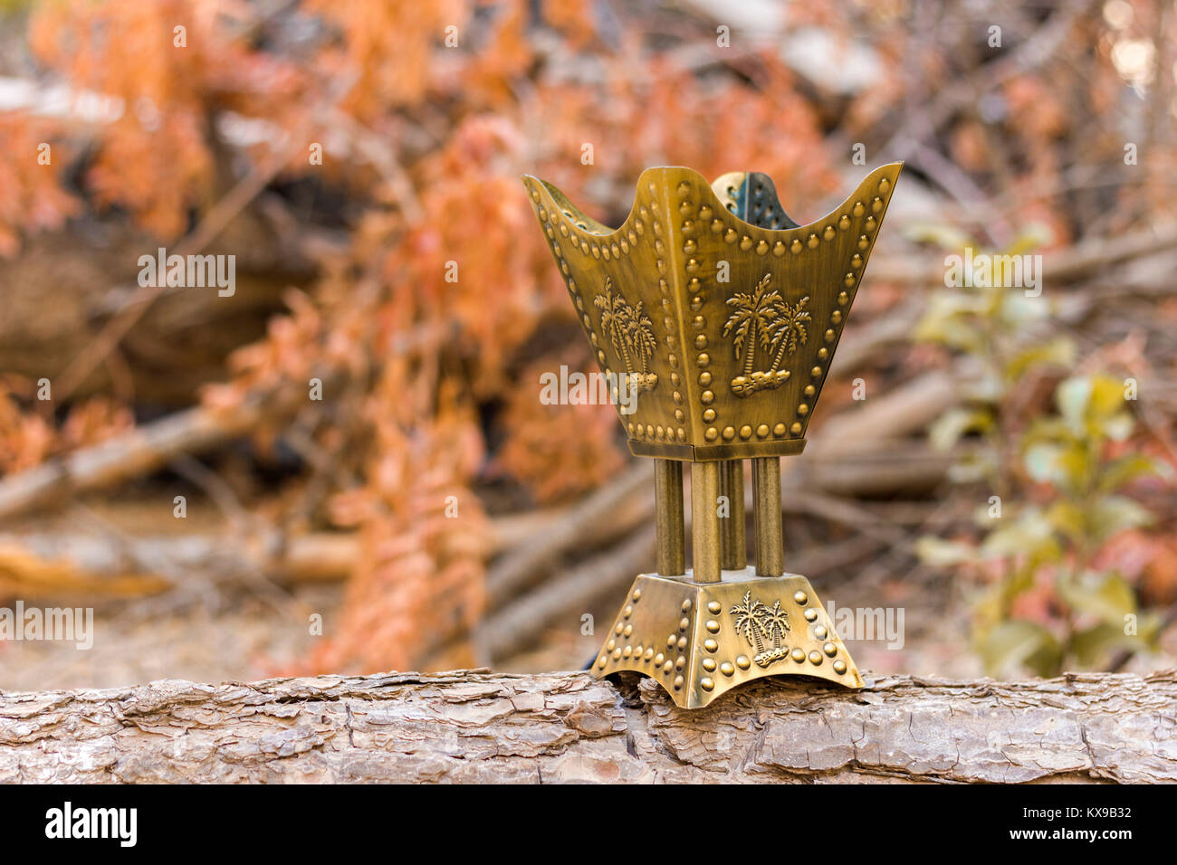 Golden censer incense burner on a wood log in the woods Stock Photo Alamy